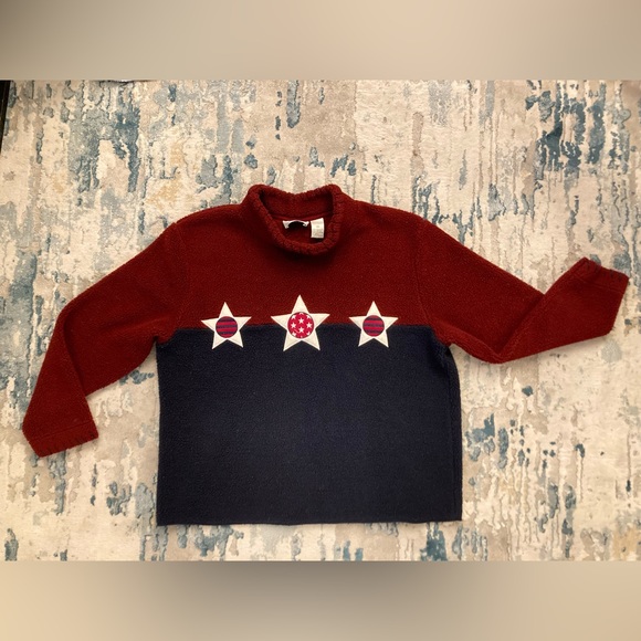 A11 Christoper & Banks Thick Sweater Oversize Fleece Red Blue Stars VTG sz Small - Picture 3 of 7